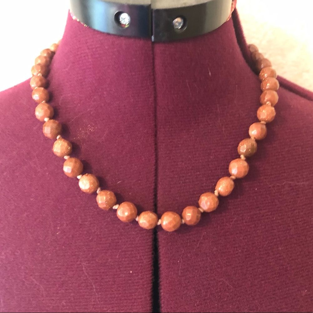 Vintage hand knotted faceted goldstone beaded necklace